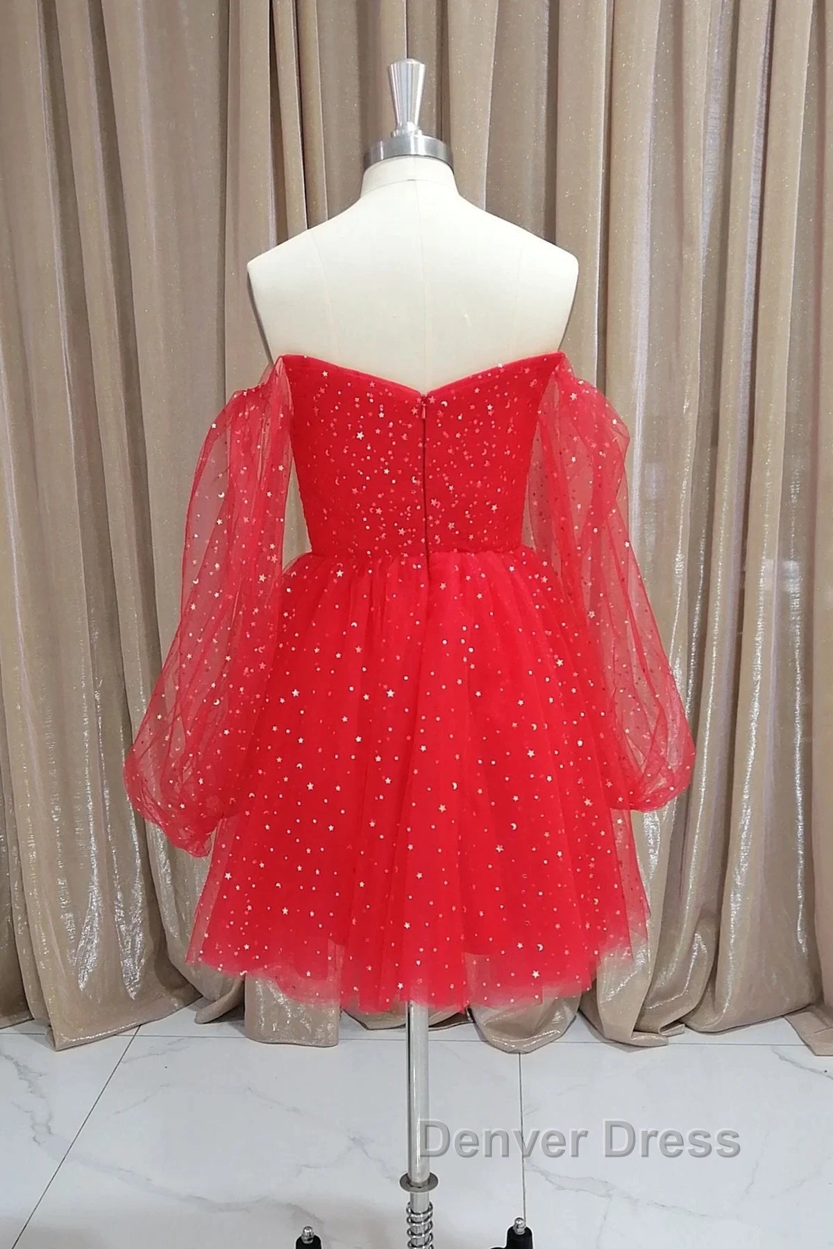 Short Red Long Sleeves Tulle Prom Dress, Short Red Long Sleeves Prom Homecoming Dresses