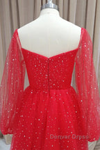 Short Red Long Sleeves Tulle Prom Dress, Short Red Long Sleeves Prom Homecoming Dresses