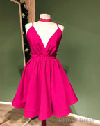 Short Red Plunging Satin Prom Dresses