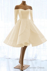 Short Satin Long Sleeves Off Shoulder Ruffles Skirt Wedding Dresses