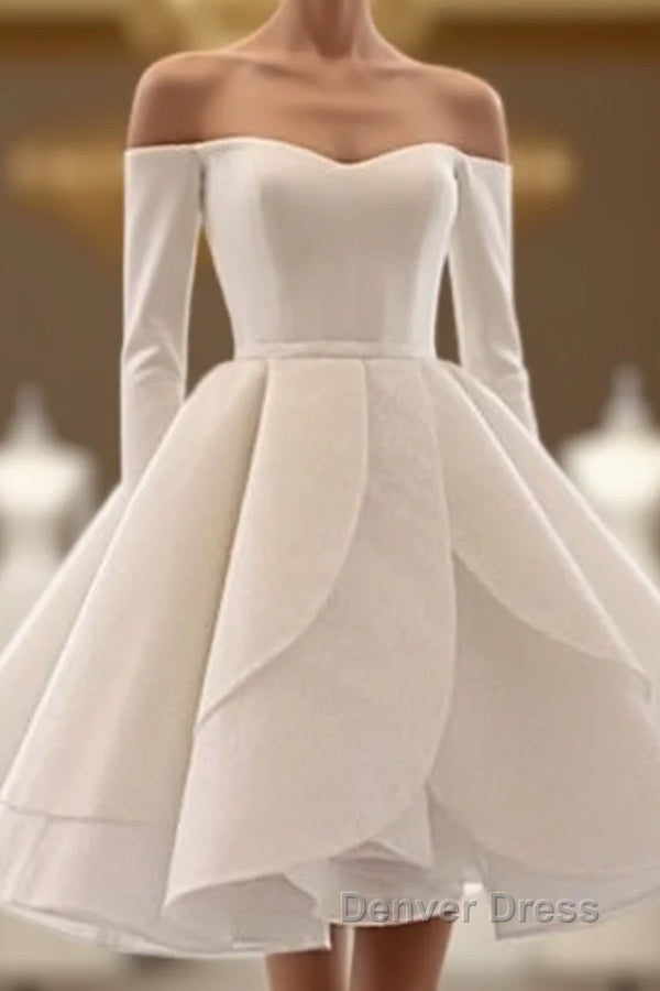 Short Satin Long Sleeves Off Shoulder Ruffles Skirt Wedding Dresses Main image