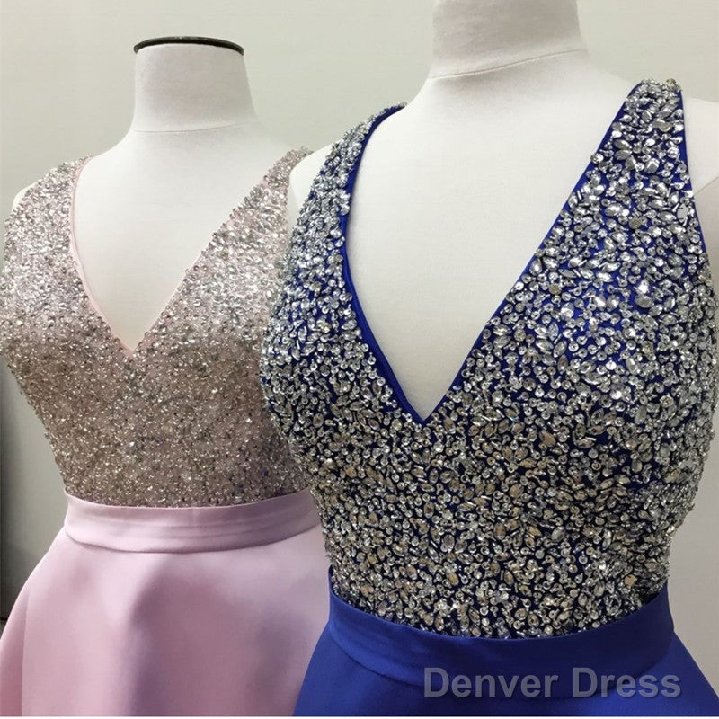 Short Satin V Neck Beaded Prom Homecoming Dresses Main image