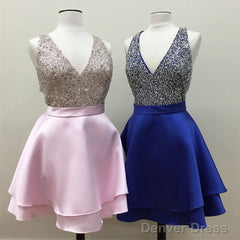Short Satin V Neck Beaded Prom Homecoming Dresses