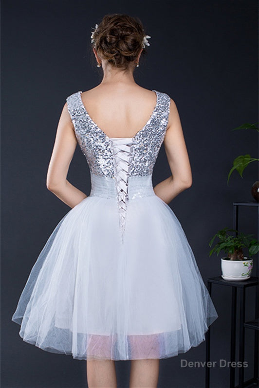 Short Sequin Tulle Lace up Knee length Homecoming Dresses