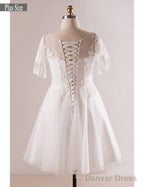 Short Sleeve Appliques White Plus Size Unique Lace Wedding Dress