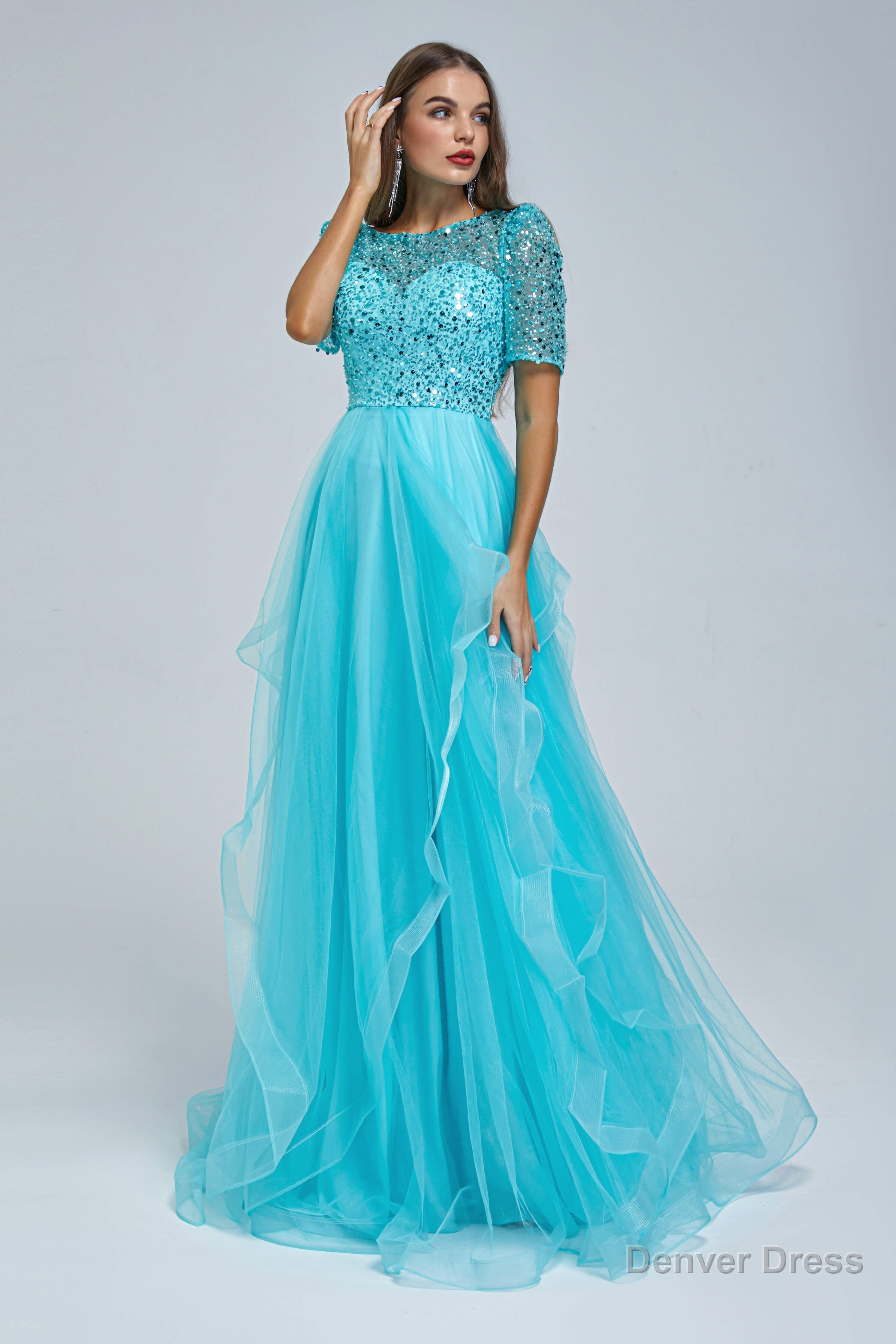 Short Sleeve Tulle Beaded Sequins Long Prom Dresses FZ001 Main image