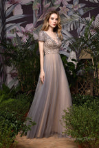 Short Sleeve V Neck A Line Sequin Beaded Long Prom Dresses