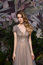 Short Sleeve V Neck A Line Sequin Beaded Long Prom Dresses