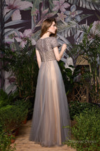 Short Sleeve V Neck A Line Sequin Beaded Long Prom Dresses