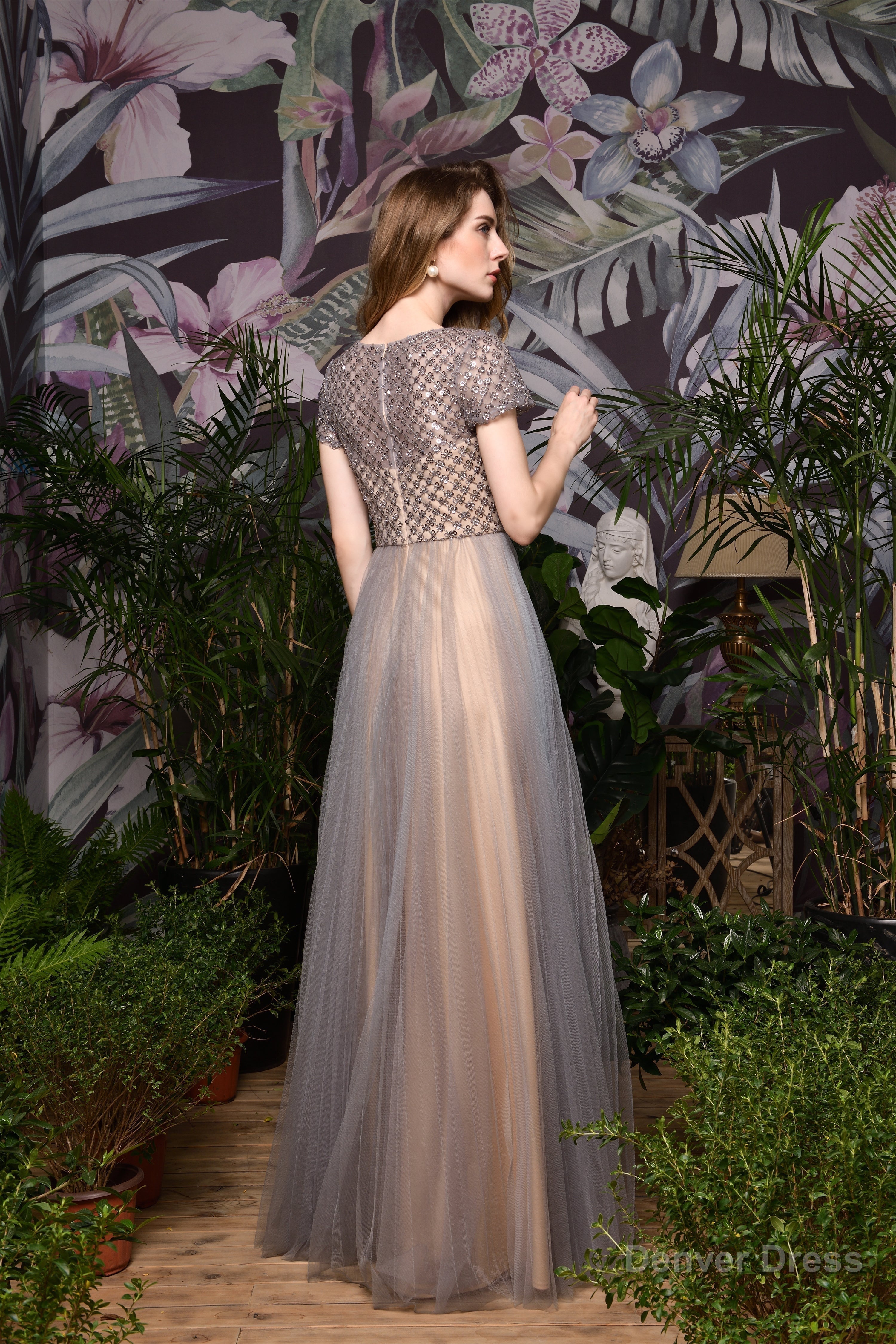 Short Sleeve V Neck A Line Sequin Beaded Long Prom Dresses