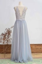 Short Sleeved Light Grey Appliqued Bridesmaid Dresses