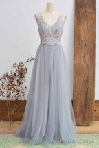 Short Sleeved Light Grey Appliqued Bridesmaid Dresses