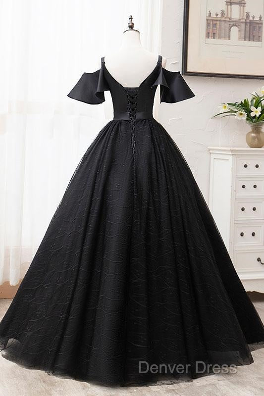 Short Sleeves Black Tulle Lace Sweetheart Long Prom Dresses Secondary image