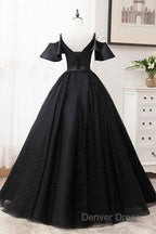 Short Sleeves Black Tulle Lace Sweetheart Long Prom Dresses