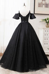 Short Sleeves Black Tulle Lace Sweetheart Long Prom Dress
