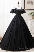 Short Sleeves Black Tulle Lace Sweetheart Long Prom Dresses