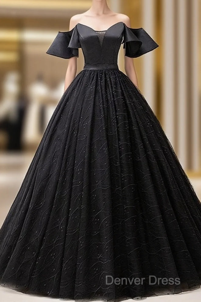 Short Sleeves Black Tulle Lace Sweetheart Long Prom Dresses Main image