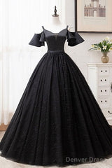 Short Sleeves Black Tulle Lace Sweetheart Long Prom Dress