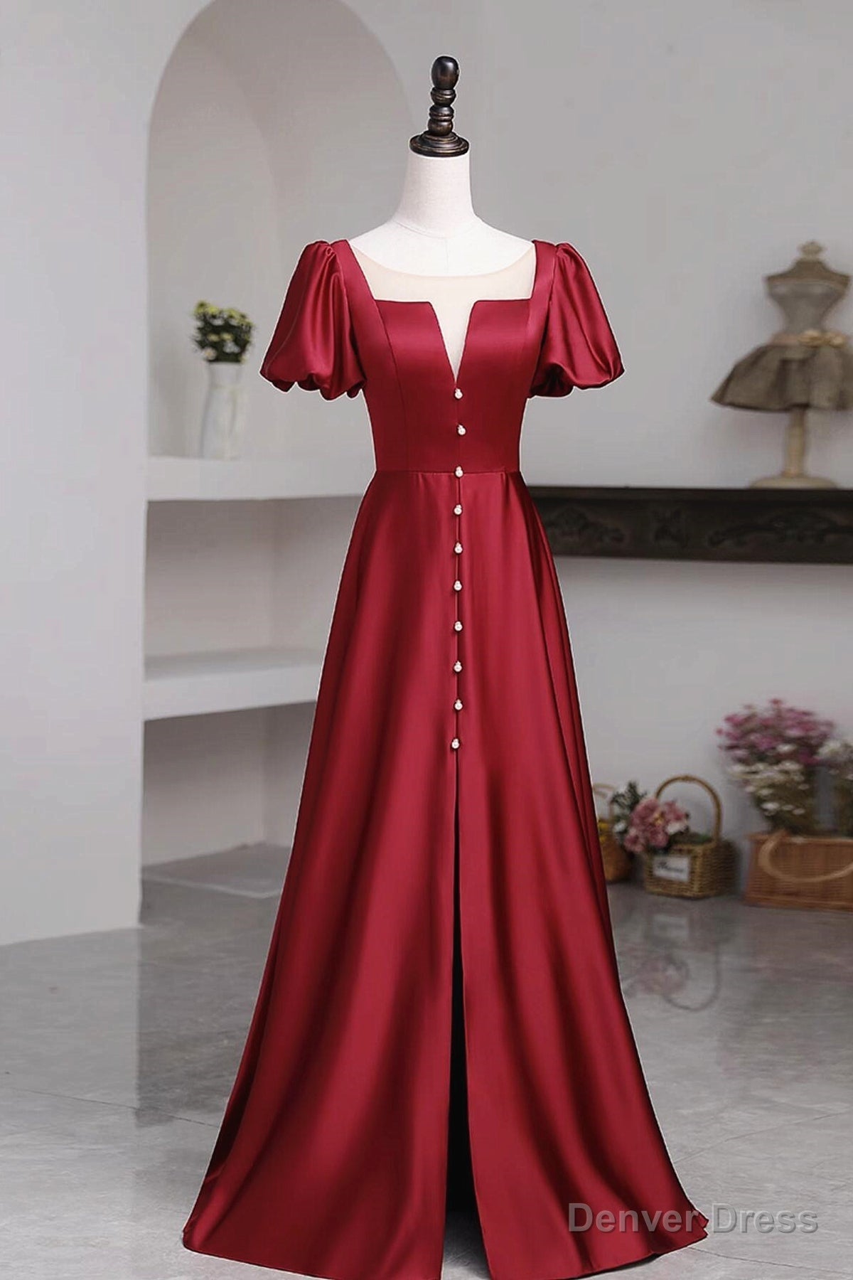 Short Sleeves Burgundy Long Prom Dress with High Slit, Wine Red High Slit Long Prom Dresses Main image