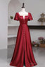 Short Sleeves Burgundy Long Prom Dress with High Slit, Wine Red High Slit Long Prom Dresses