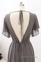 Short Sleeves Chiffon Long Bridesmaid Dress Wedding Prom Dresses