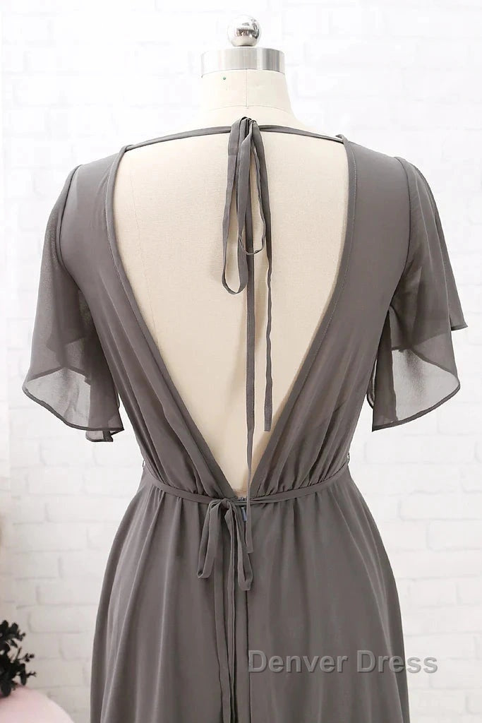 Short Sleeves Chiffon Long Bridesmaid Dress Wedding Prom Dresses