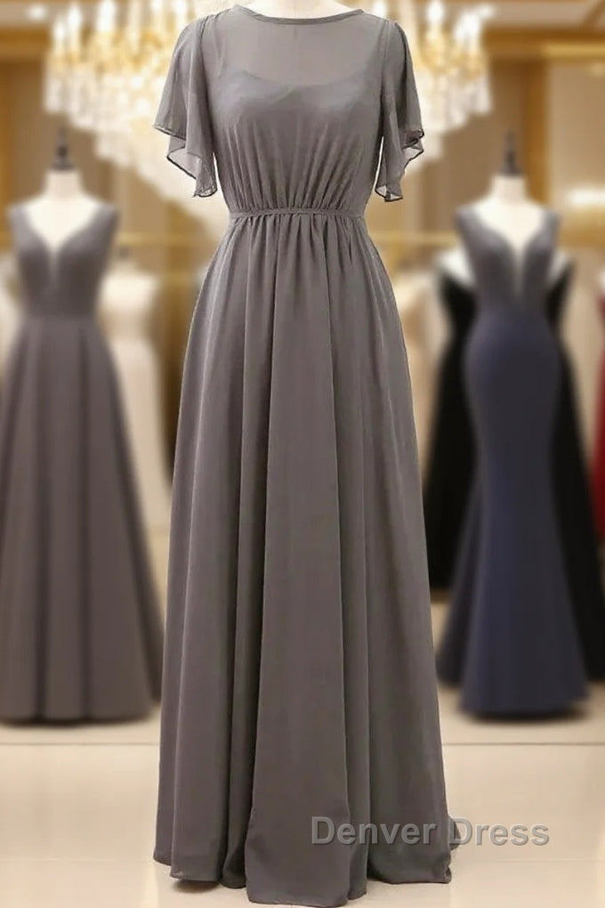 Short Sleeves Chiffon Long Bridesmaid Dress Wedding Prom Dresses