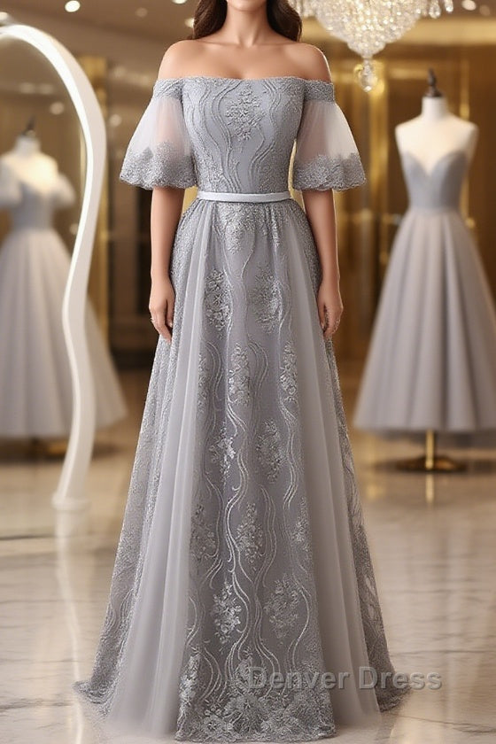 Short Sleeves Grey Lace Long Prom Dress, Short Sleeves Gray Lace Long Prom Dresses Main image