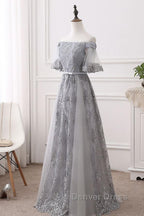 Short Sleeves Grey Lace Long Prom Dress, Short Sleeves Gray Lace Long Prom Dresses