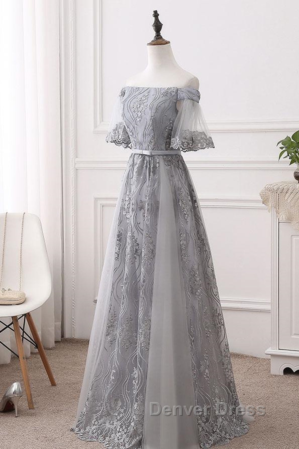 Short Sleeves Grey Lace Long Prom Dress, Short Sleeves Gray Lace Long Prom Dresses