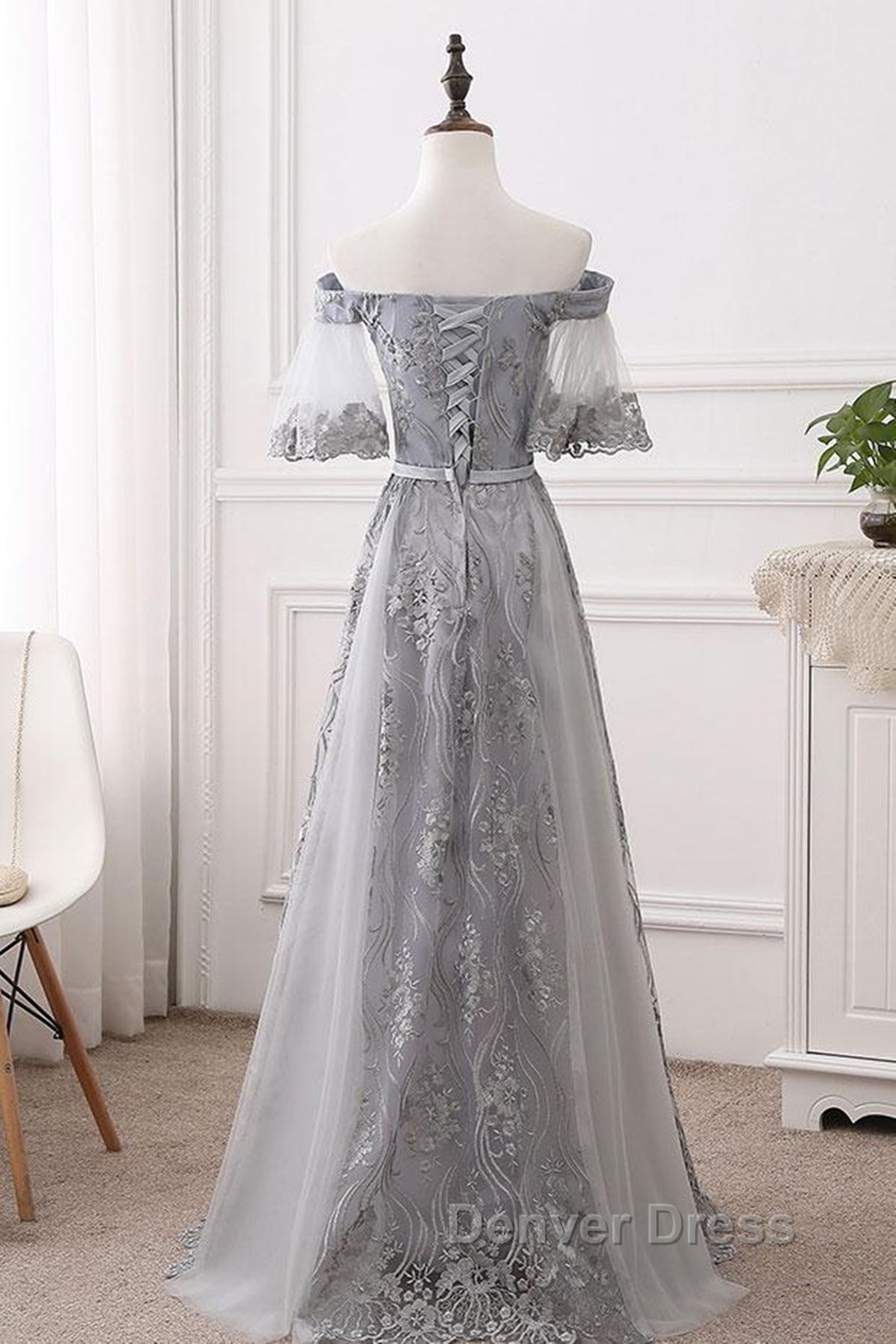 Short Sleeves Grey Lace Long Prom Dress, Short Sleeves Gray Lace Long Prom Dresses