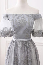 Short Sleeves Grey Lace Long Prom Dress, Short Sleeves Gray Lace Long Prom Dresses