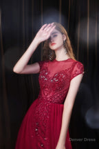Short Sleeves High Neck Open Back Beading Long Prom Dresses