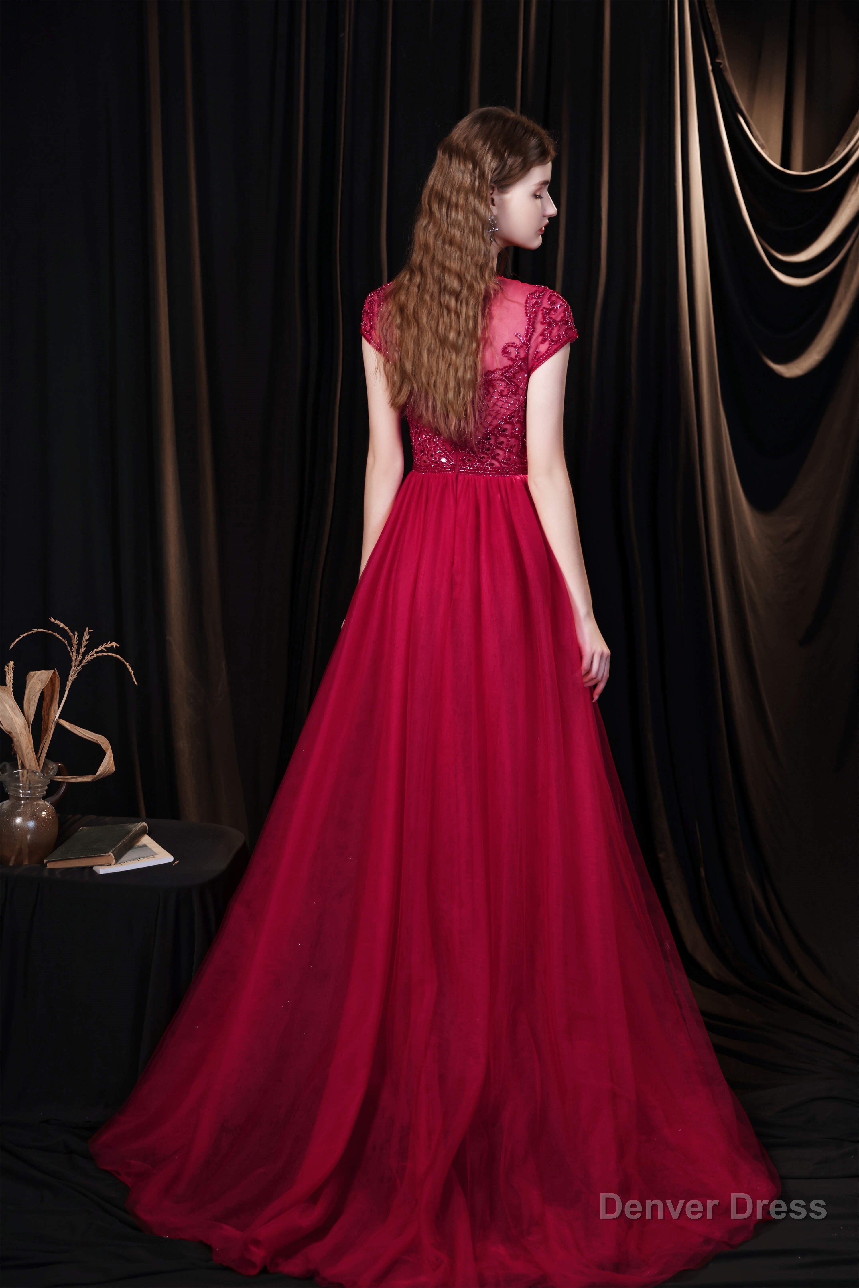 Short Sleeves High Neck Open Back Beading Long Prom Dresses
