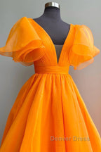 Short Sleeves Orange Long Prom Dress, Orange Long Prom Dresses