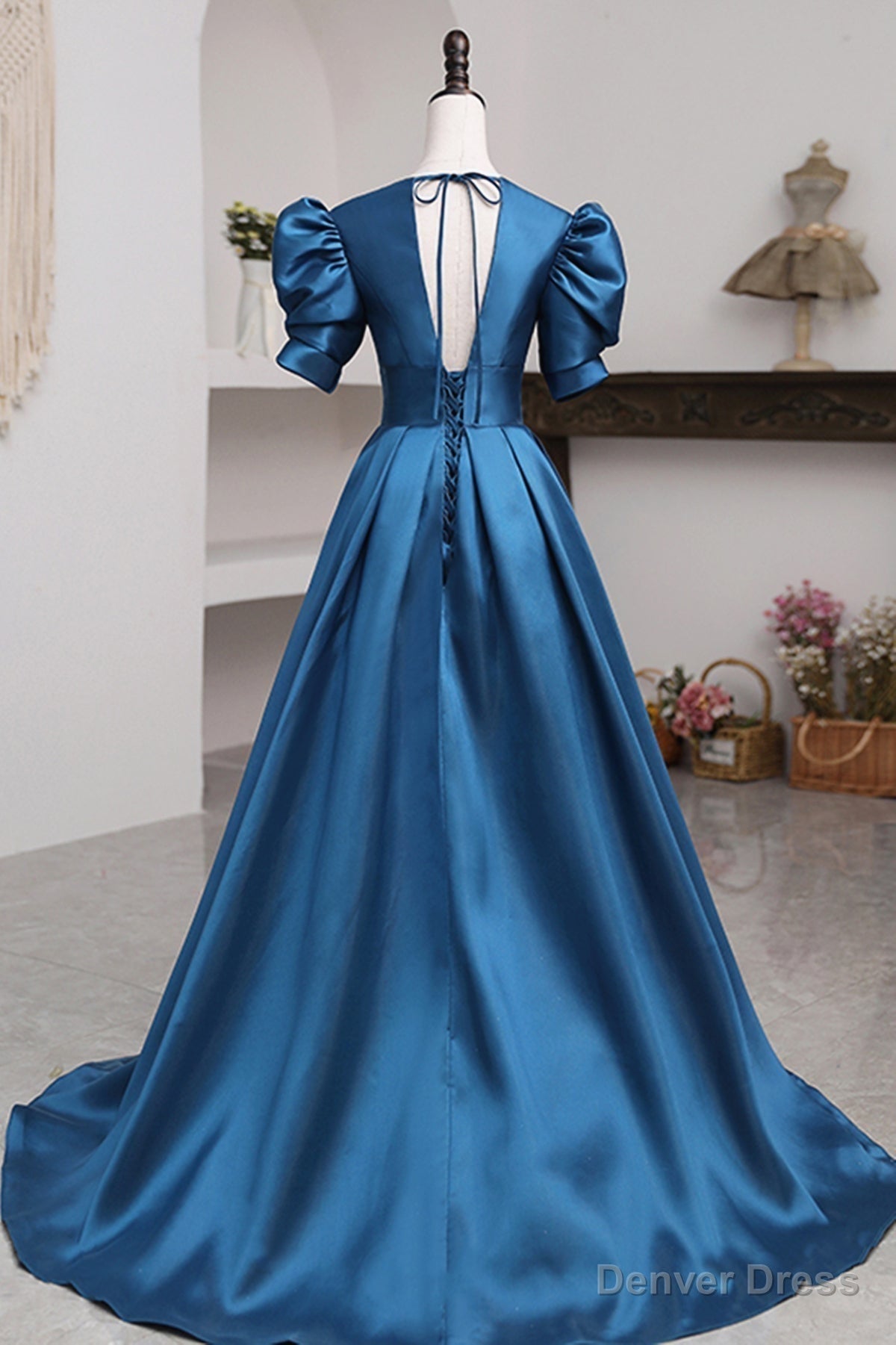 Short Sleeves Peacock Blue Long Prom Dress, Peacock Blue Long Prom Dresses