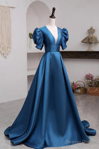 Short Sleeves Peacock Blue Long Prom Dress, Peacock Blue Long Prom Dresses