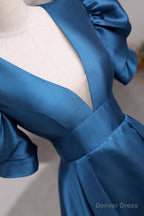Short Sleeves Peacock Blue Long Prom Dress, Peacock Blue Long Prom Dresses