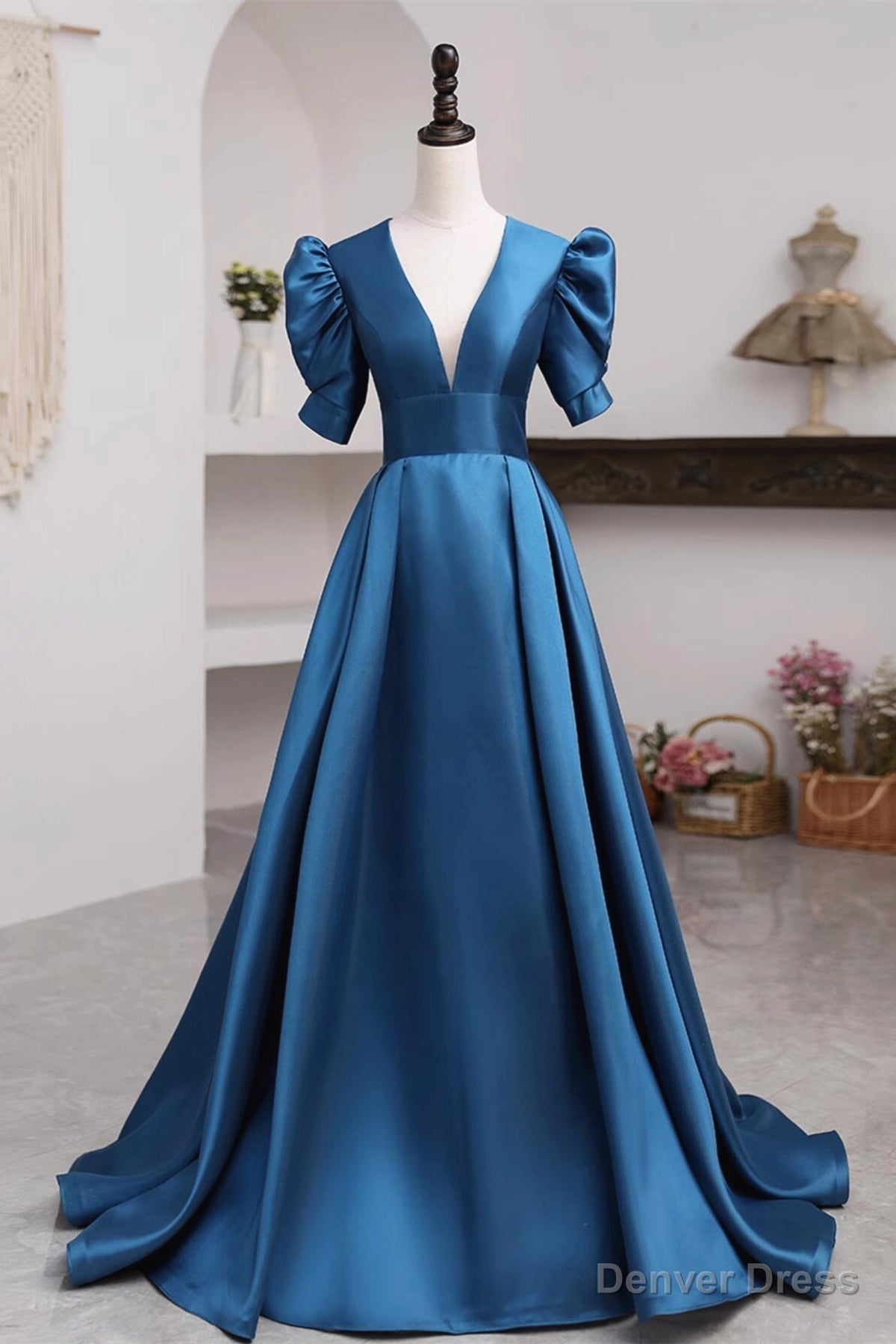 Short Sleeves Peacock Blue Long Prom Dress, Peacock Blue Long Prom Dresses
