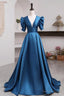 Short Sleeves Peacock Blue Long Prom Dress, Peacock Blue Long Prom Dresses