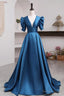 Short Sleeves Peacock Blue Long Prom Dresses, Peacock Blue Long Formal Evening Dresses