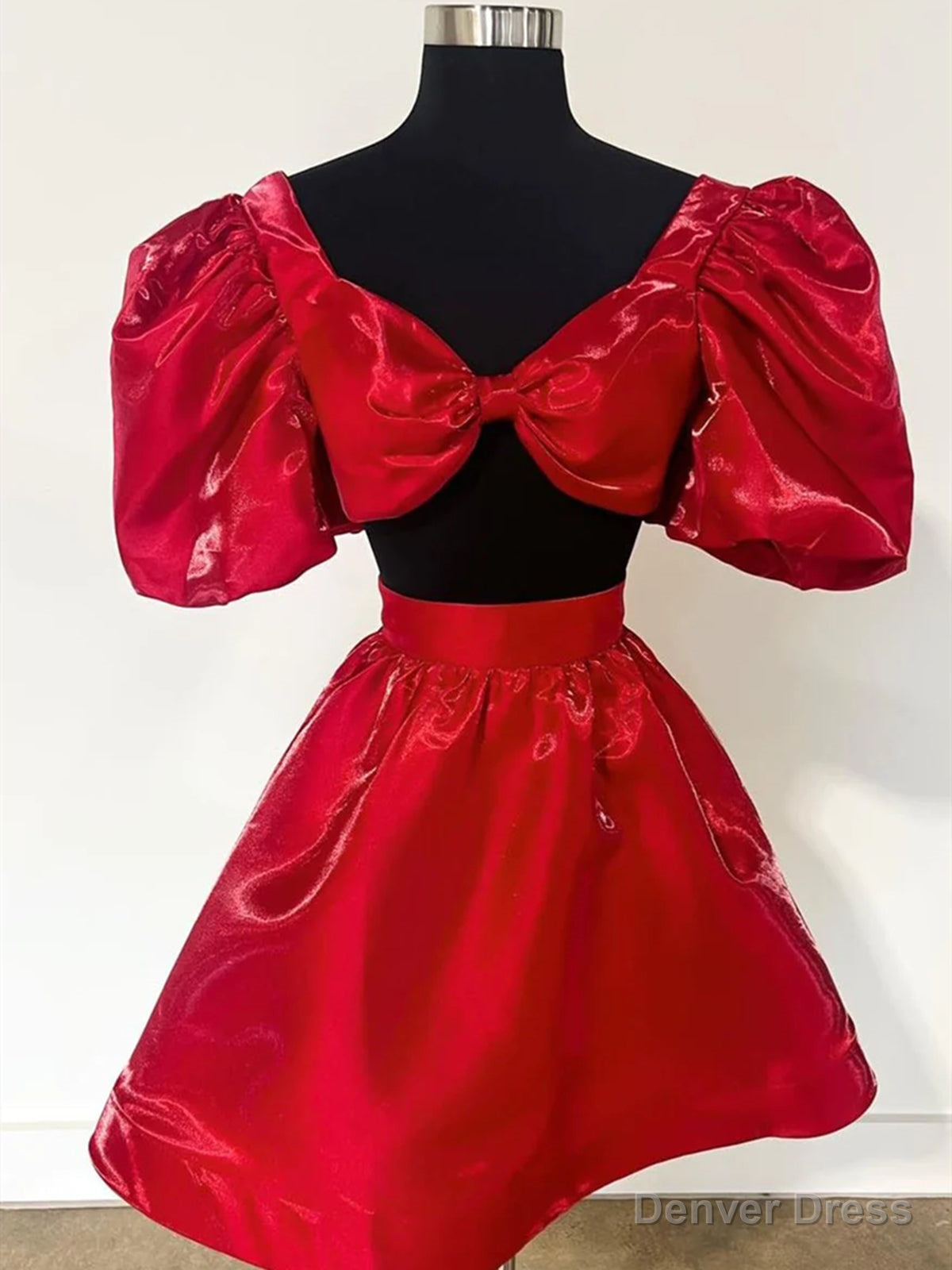 Short Sleeves Red Two Pieces Prom Dress, 2 Pieces Short Red Prom Homecoming Dresses Main image