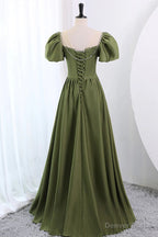 Short Sleeves Scoop Neck Dark Green Satin Prom Dress, Short Sleeves Green Prom Dresses