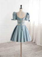 Short Sleeves Short Blue Prom Dress, Short Blue Prom Homecoming Dresses