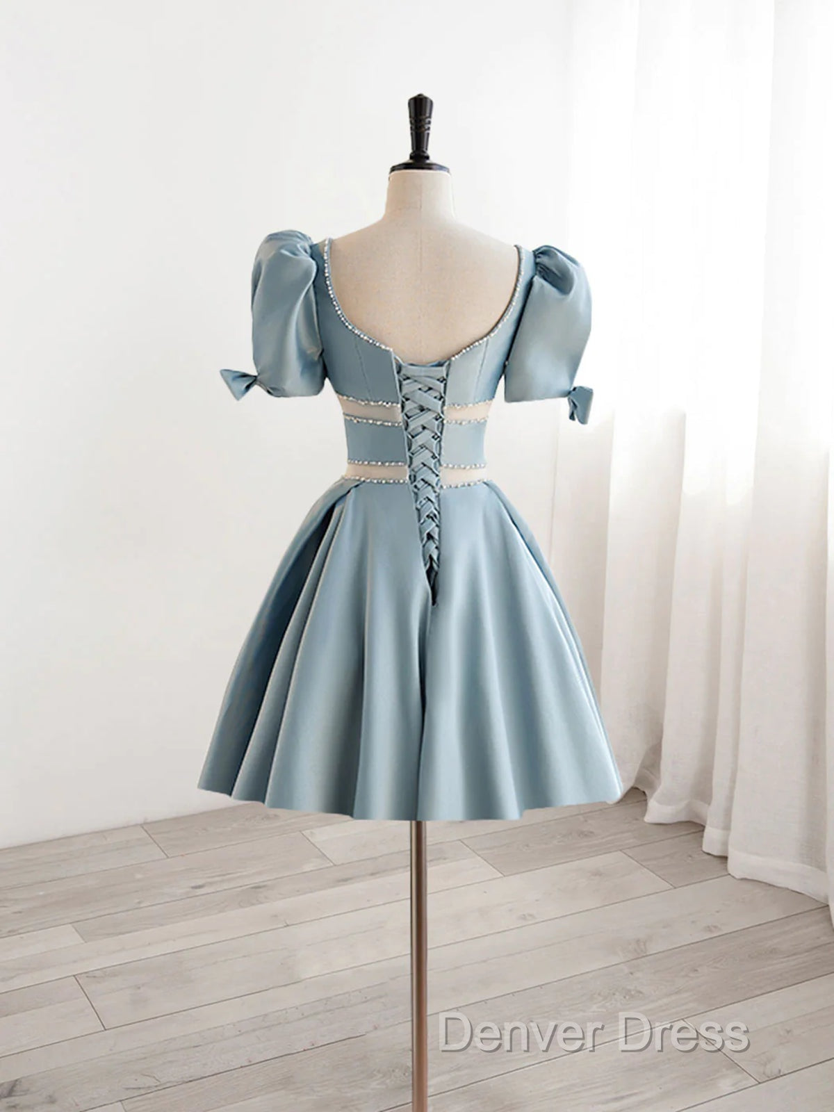 Short Sleeves Short Blue Prom Dress, Short Blue Prom Homecoming Dresses