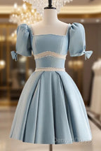 Short Sleeves Short Blue Prom Dress, Short Blue Prom Homecoming Dresses
