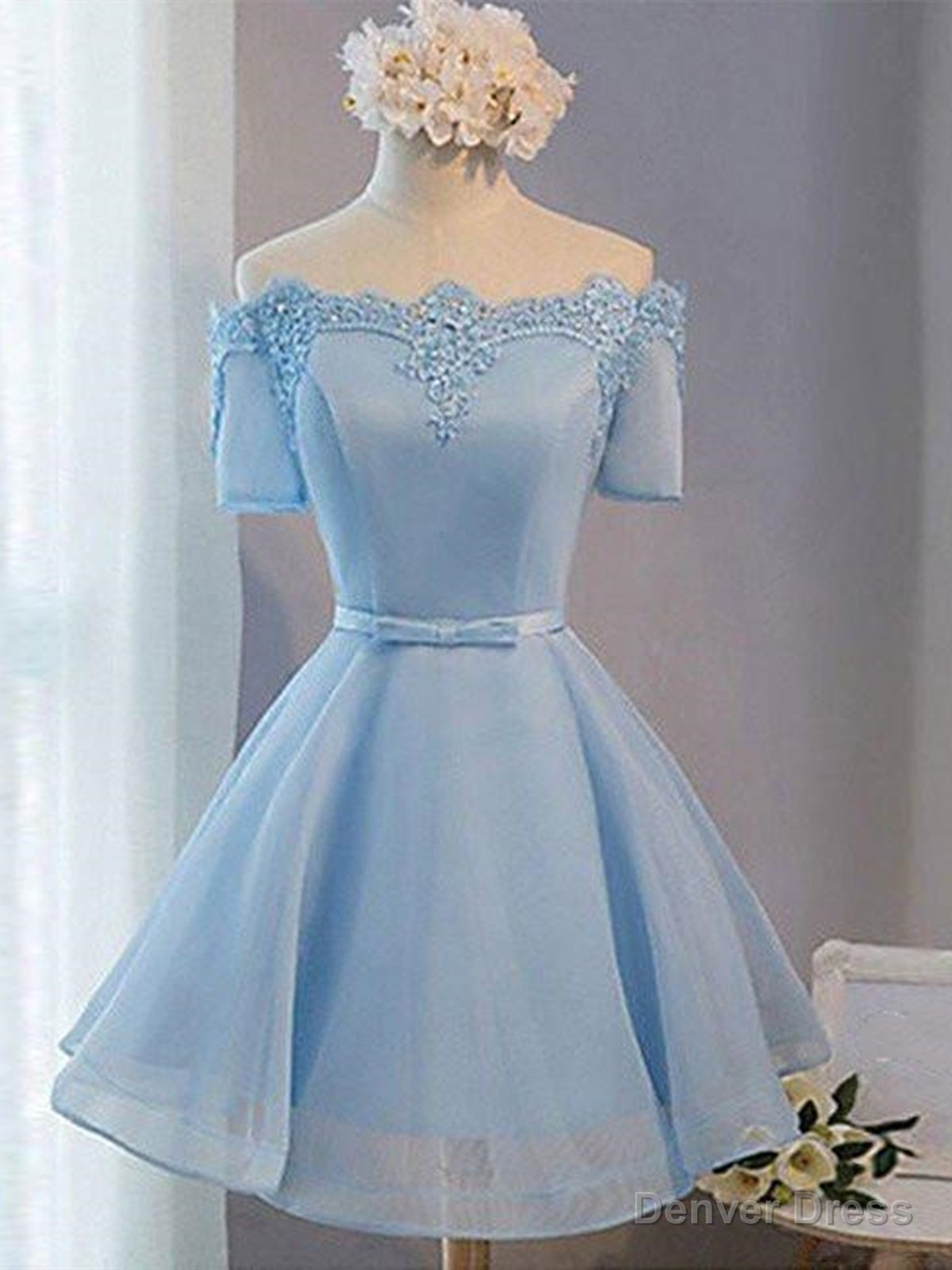 Short Sleeves Short Blue Prom Dress with Lace up, Short Blue Homecoming Graduation Dresses