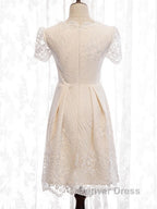 Short Sleeves Short Champagne Lace Prom Dress, Short Champagne Lace Prom Wedding Dresses