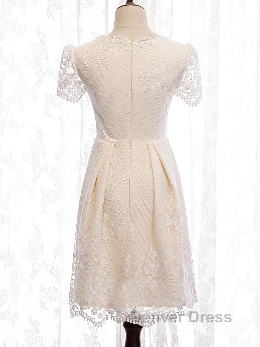 Short Sleeves Short Champagne Lace Prom Dress, Short Champagne Lace Prom Wedding Dresses