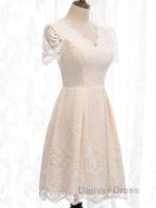 Short Sleeves Short Champagne Lace Prom Dress, Short Champagne Lace Prom Wedding Dresses